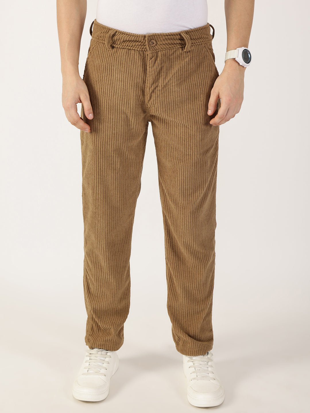 Thomas Scott Men Brown Striped Smart Cargos Trousers