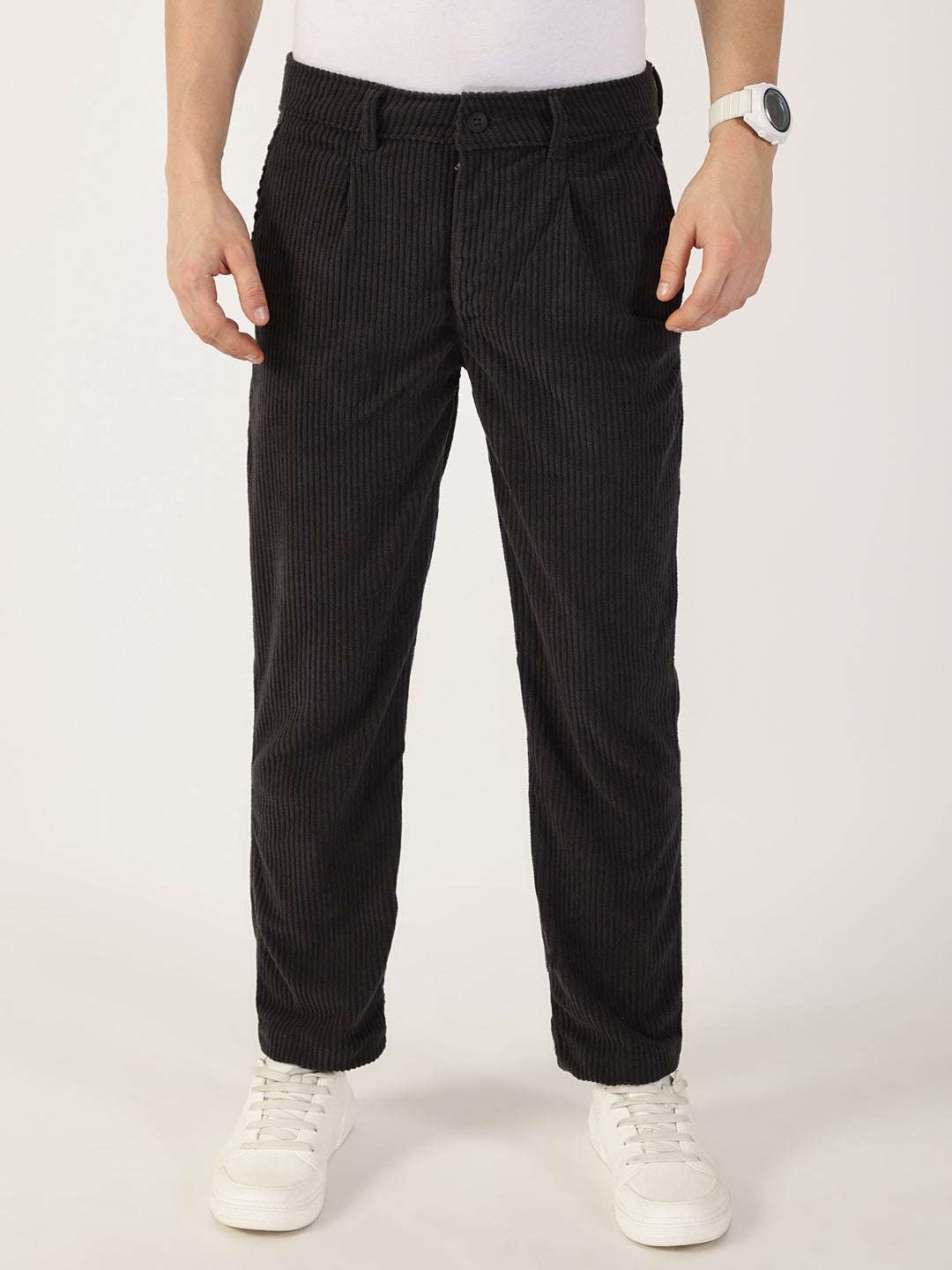 Thomas Scott Men Grey Striped Smart Chinos Trousers