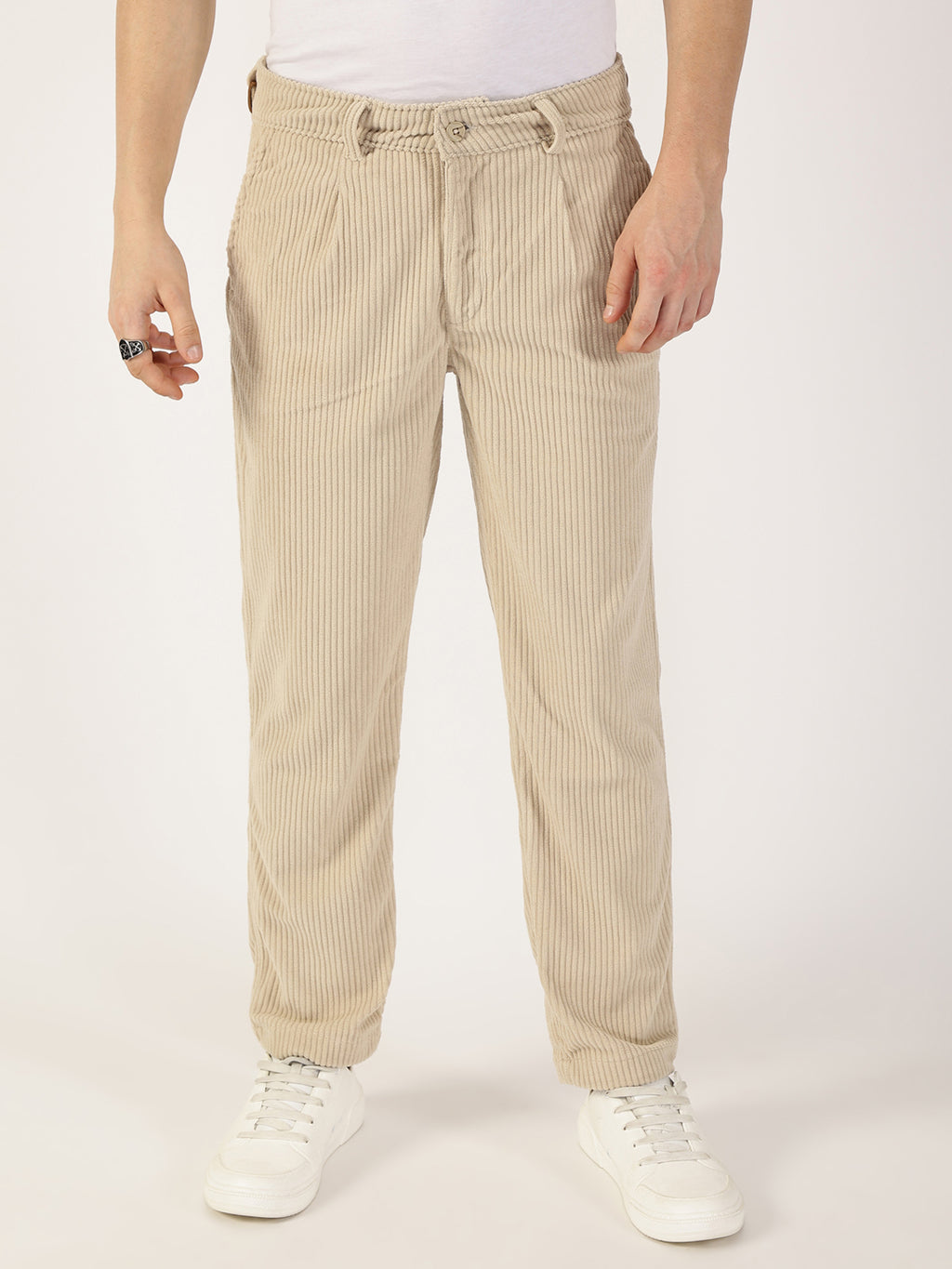 Thomas Scott Men Fawn Striped Smart Fit Chinos Trousers