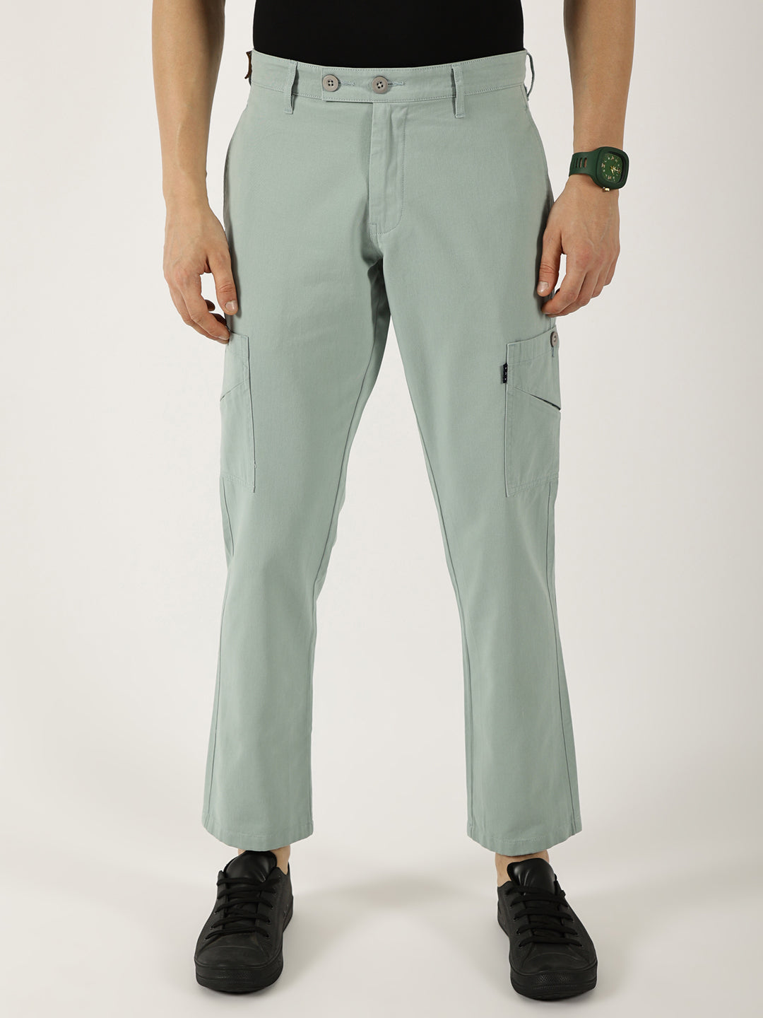Thomas Scott Men Sea Blue Pure Cotton Smart Mid-Rise Straight Fit Easy Wash Cargos