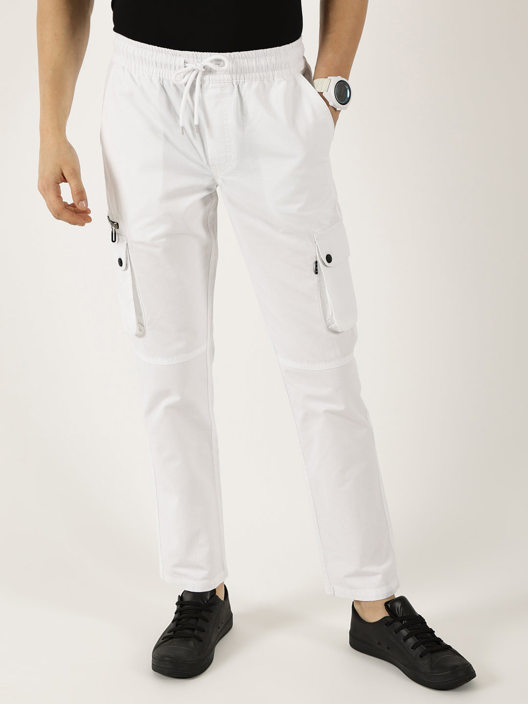 White Pure Cotton Smart Mid-Rise Straight Fit Easy Wash Cargos