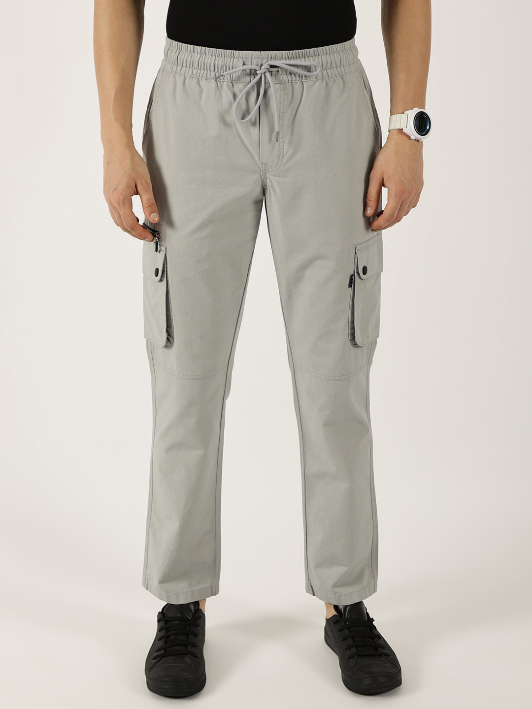 Thomas Scott Men Grey Cotton Smart Straight Fit Easy Wash Cargos Trousers