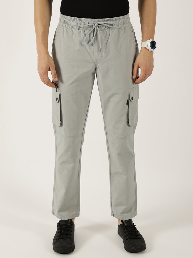 Thomas Scott Men Grey Cotton Smart Straight Fit Easy Wash Cargos Trousers