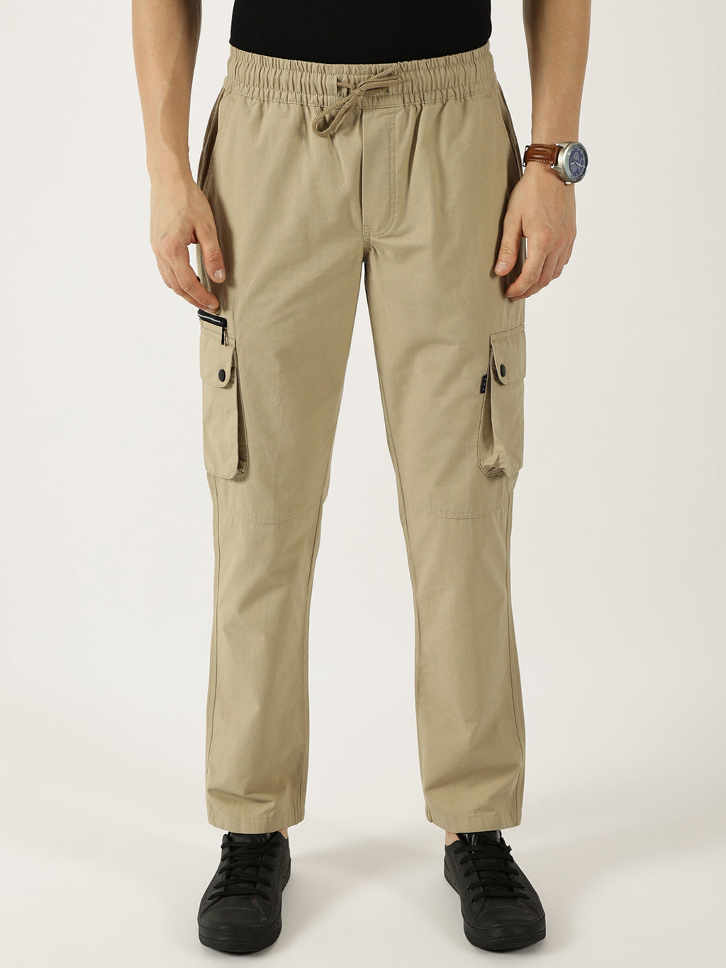 Thomas Scott Men Khaki Pure Cotton Smart Mid-Rise Straight Fit Easy Wash Cargos