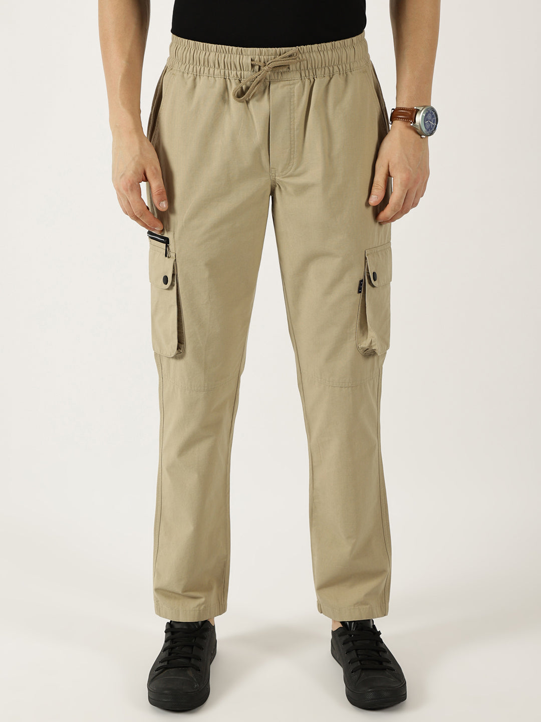 Thomas Scott Men Khaki Pure Cotton Smart Mid-Rise Straight Fit Easy Wash Cargos