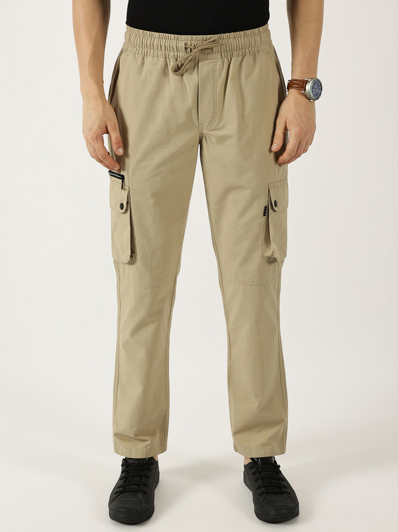 Thomas Scott Men Khaki Pure Cotton Smart Mid-Rise Straight Fit Easy Wash Cargos