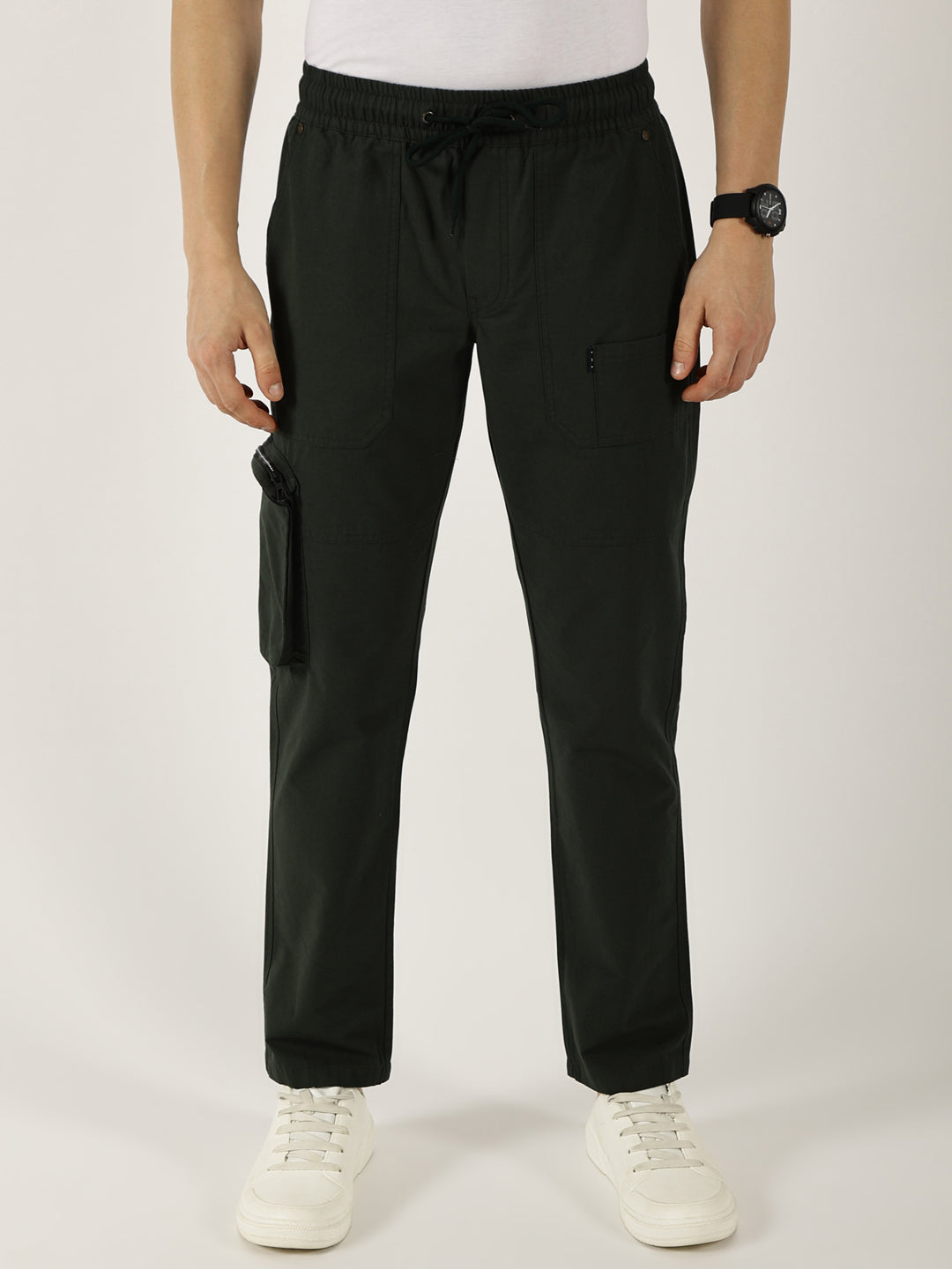 Thomas Scott Men BottleGreen Smart Fit Mid-Rise Cotton Cargos Trousers