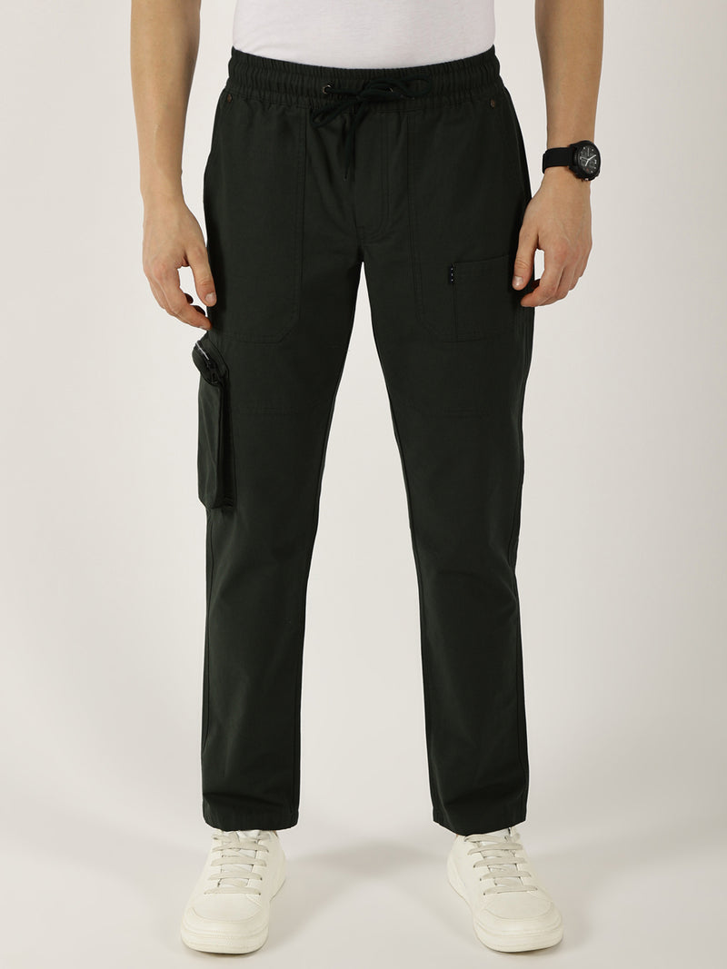 Thomas Scott Men BottleGreen Smart Fit Mid-Rise Cotton Cargos Trousers