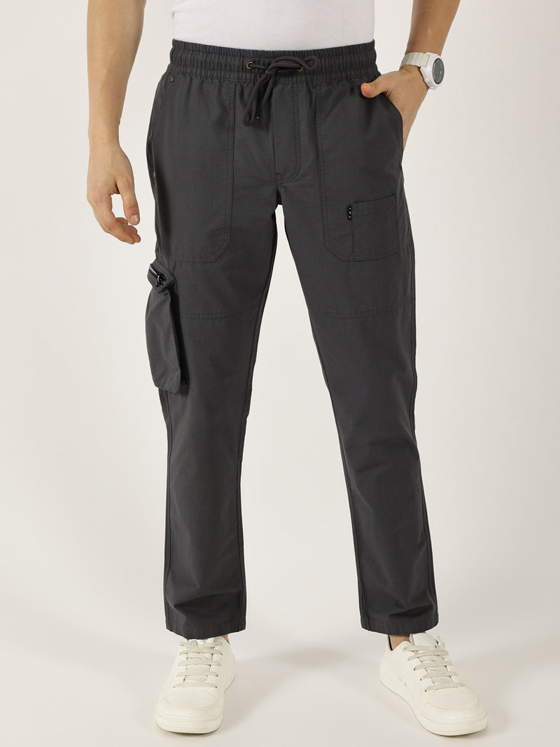 Thomas Scott Men Grey Cotton Regular Fit Smart Easy Wash Cargos Trousers