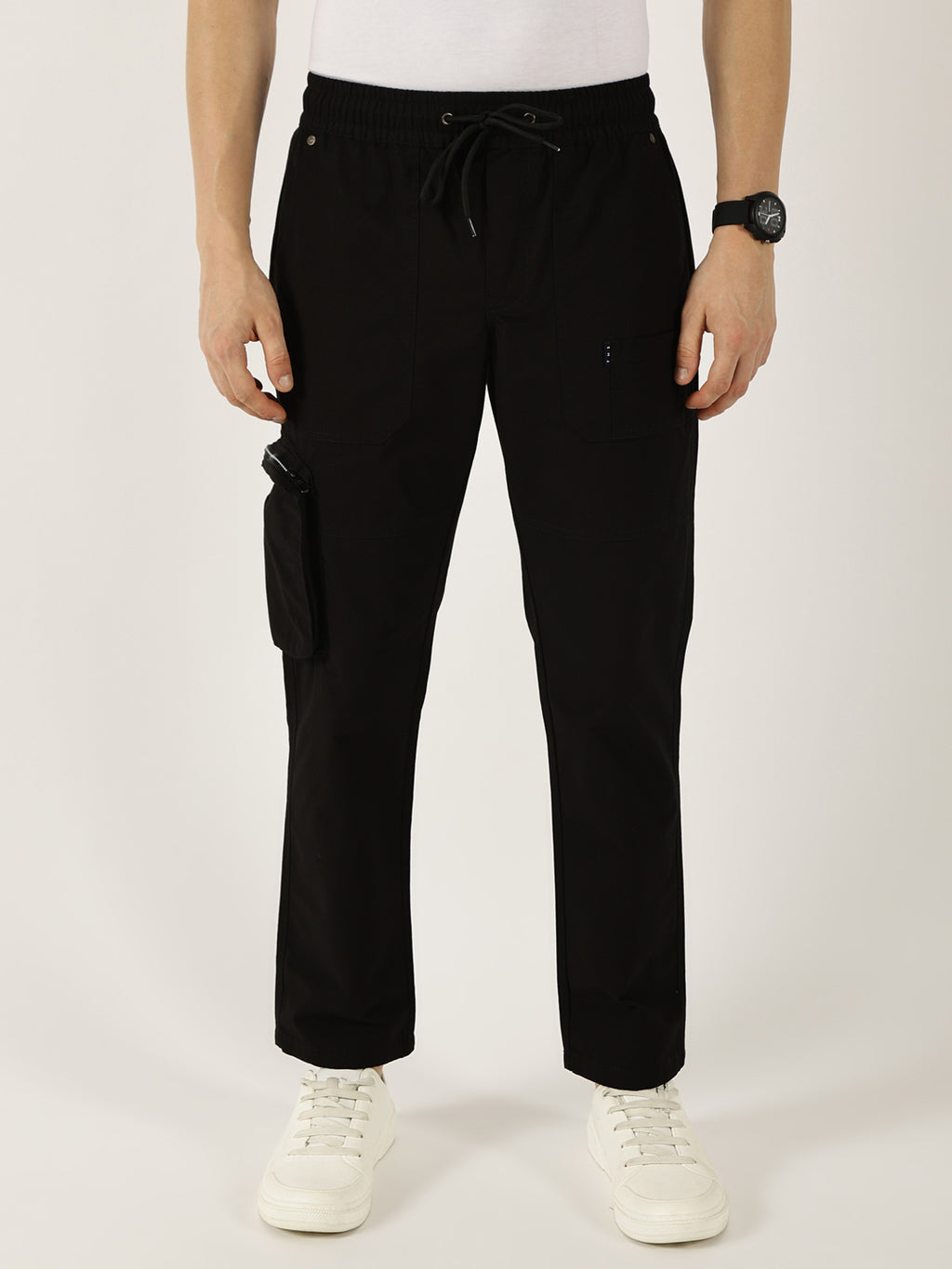 Black Cotton Solid Smart Easy Wash Cargo Trousers
