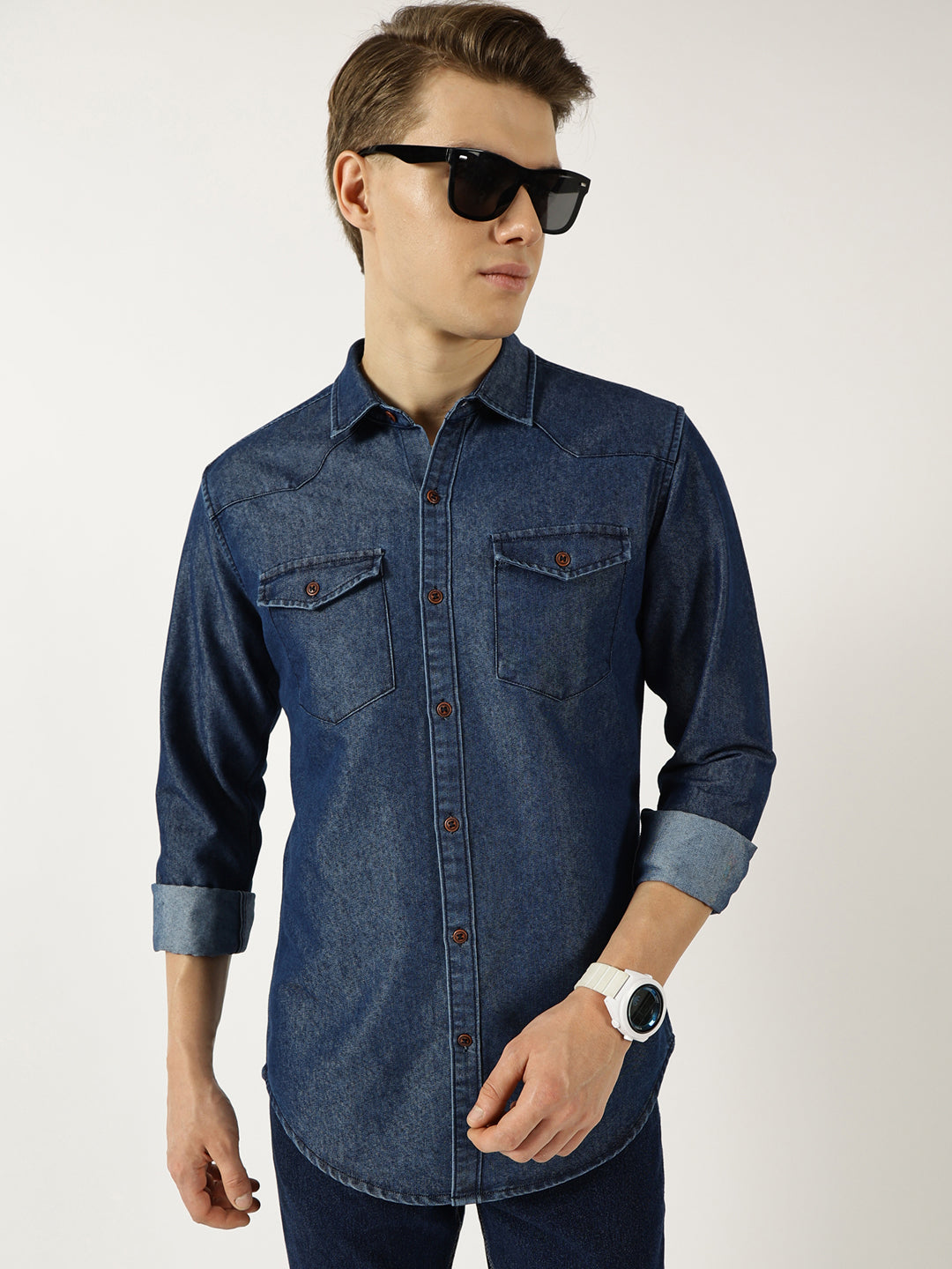 Thomas Scott Men Indigo Classic Spread Collar Faded Cotton Slim Fit Casual Shirt