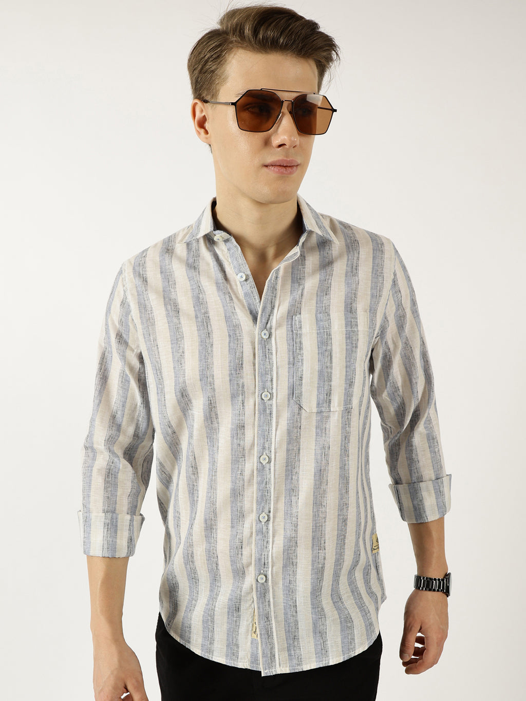 Thomas Scott Men Navy Classic Spread Collar Vertical Striped Linen Slim Fit Casual Shirt