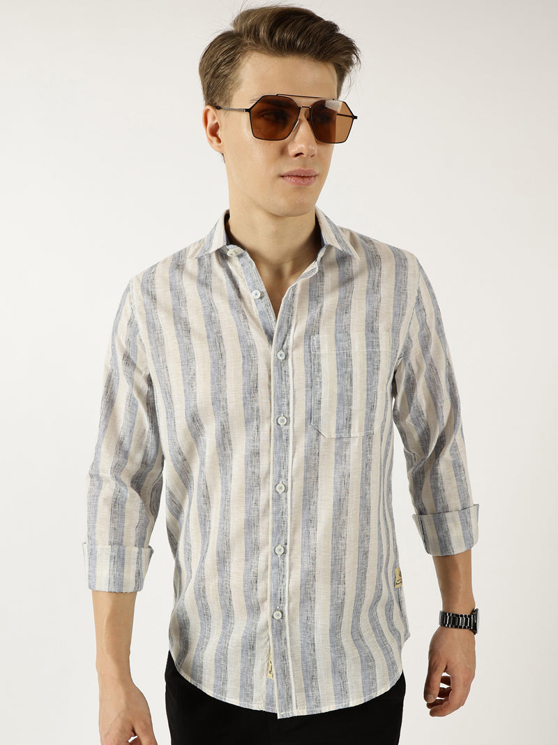 Thomas Scott Men Navy Classic Spread Collar Vertical Striped Linen Slim Fit Casual Shirt