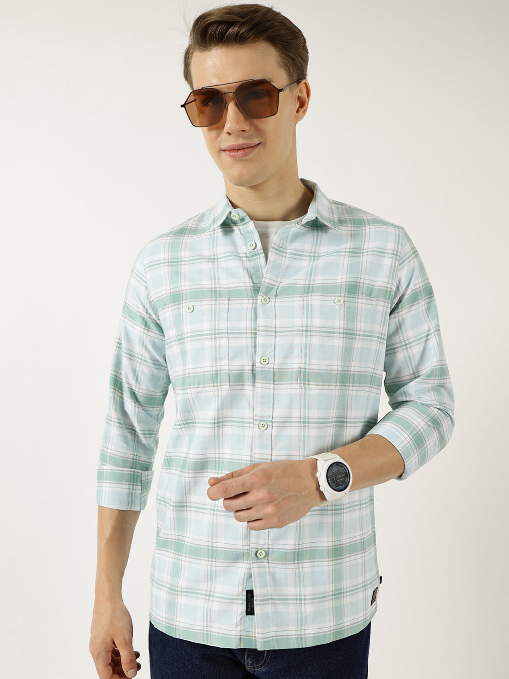 Thomas Scott Men Green Classic Spread Collar Tartan Checked Cotton Slim Fit Casual Shirt