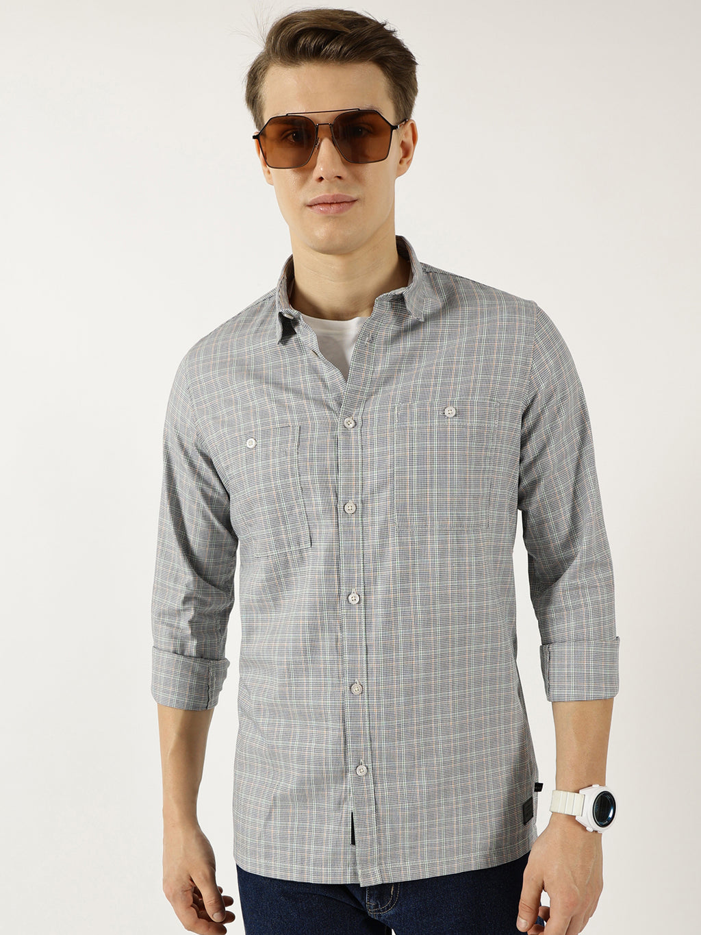 Thomas Scott Men Black Classic Spread Collar Micro Checked Cotton Slim Fit Casual Shirt