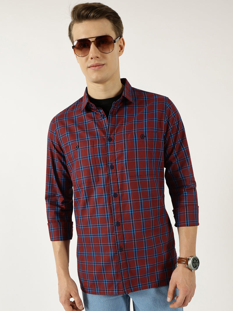 Thomas Scott Men Marron Classic Spread Collar Windowpane Checked Cotton Slim Fit Casual Shirt