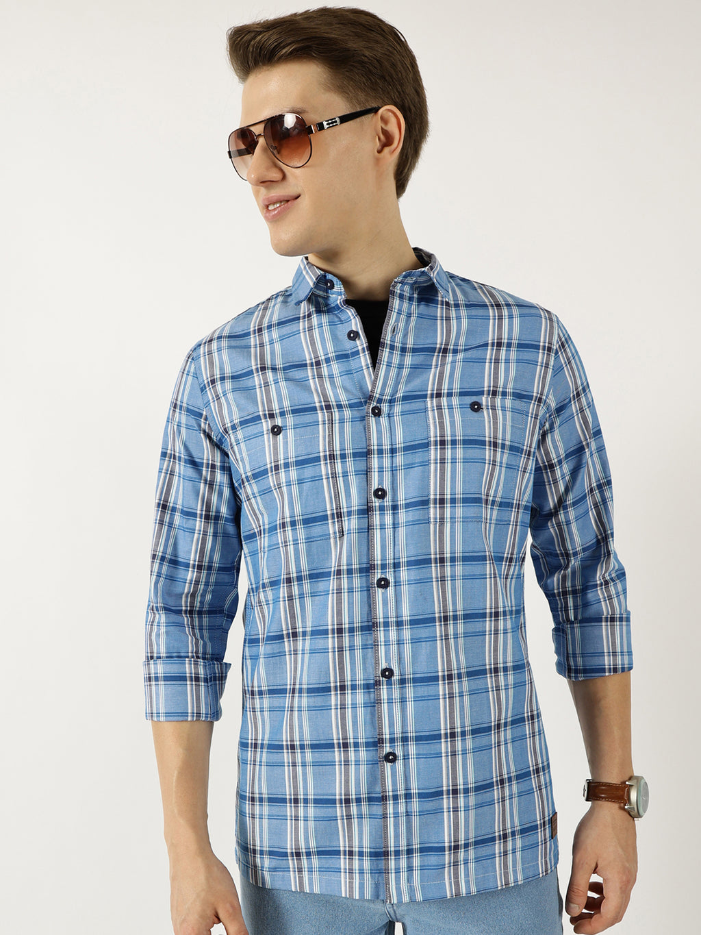 Thomas Scott Men Blue Classic Spread Collar Tartan Checked Cotton Slim Fit Casual Shirt