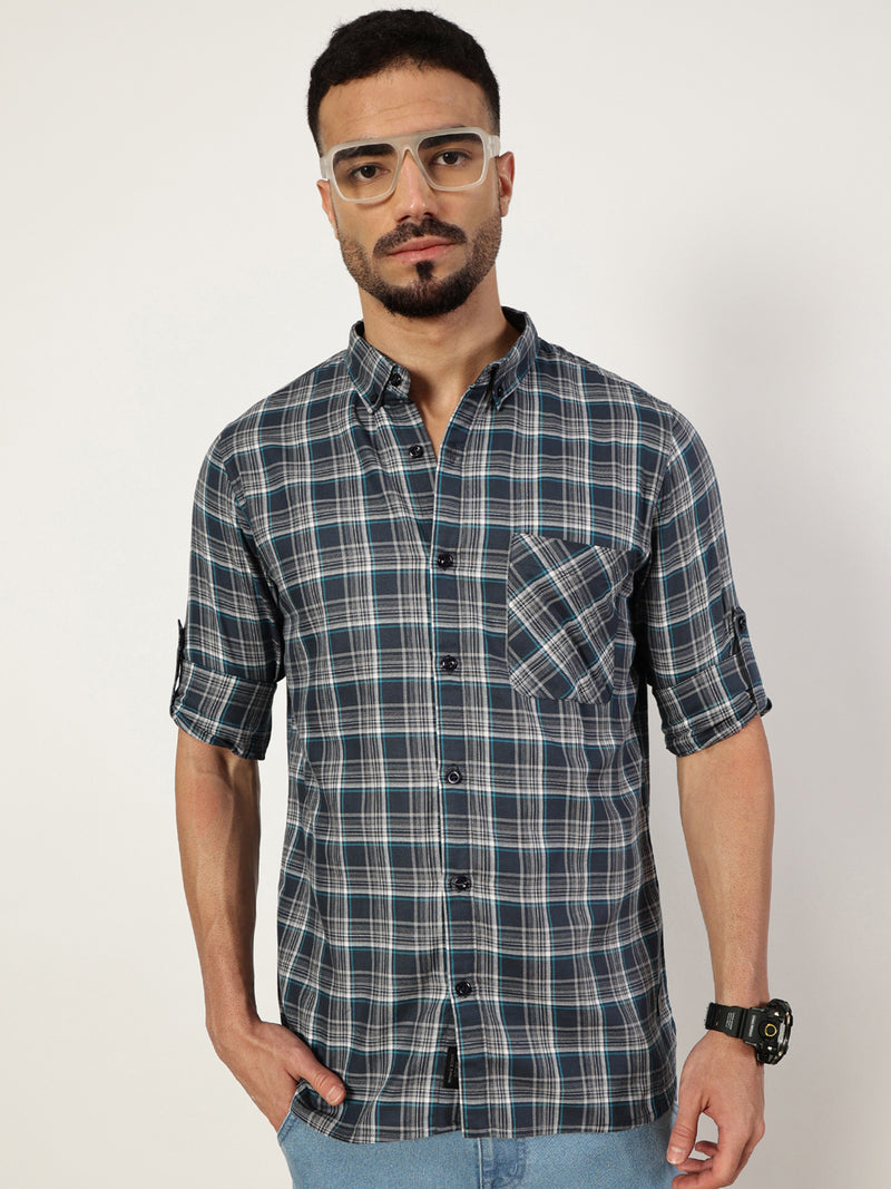 Thomas Scott Men Charcoal Premium Spread Collar Checked Cotton Slim Fit Casual Shirt
