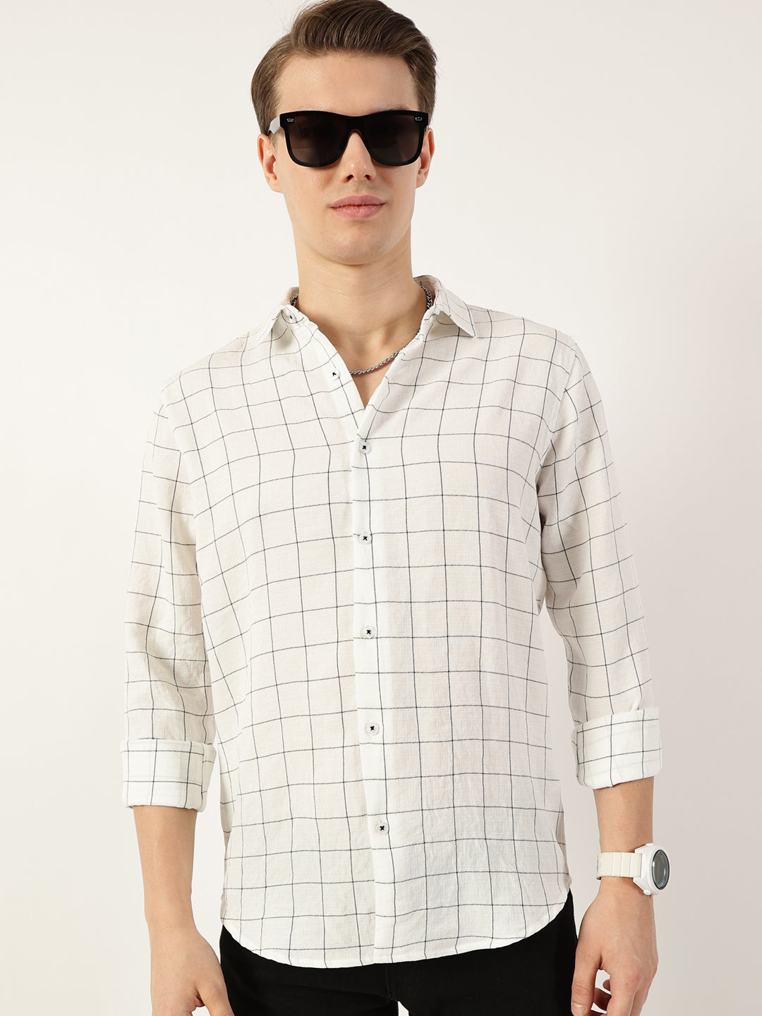 Thomas Scott Men White Smart Spread Collar Windowpane Checked Slim Fit Casual Shirt