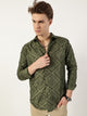 Green Premium Spread Collar Graphic Printed Slim Fit Casual Shirt For Men