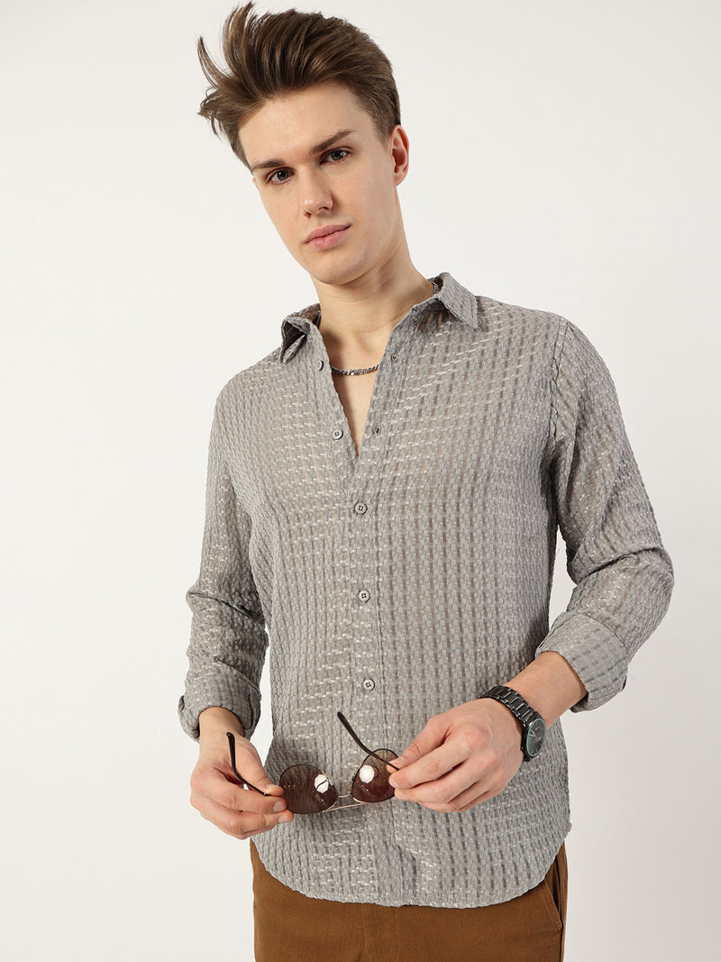 Thomas Scott Men Grey Premium Spread Collar Textured Solid Slim Fit Casual Shirt