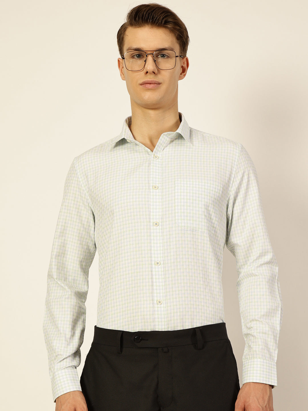 Thomas Scott Men Green Smart Micro Checks Opaque Formal Shirt