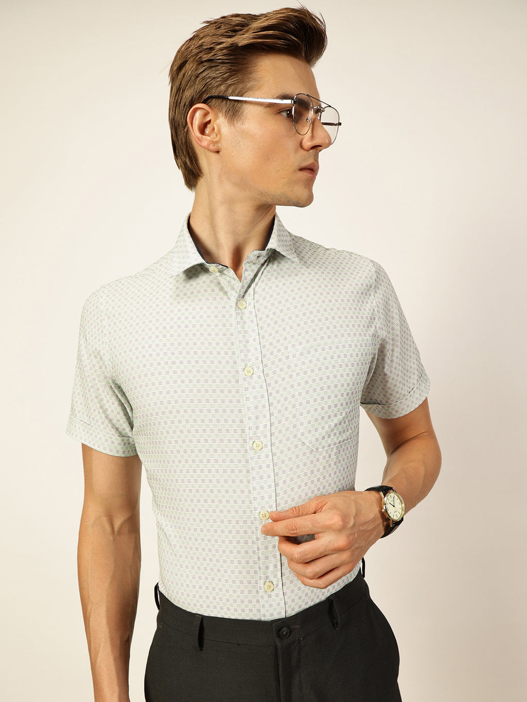 Thomas Scott Men Green Smart Micro Checked Spread Collar Formal Shirt