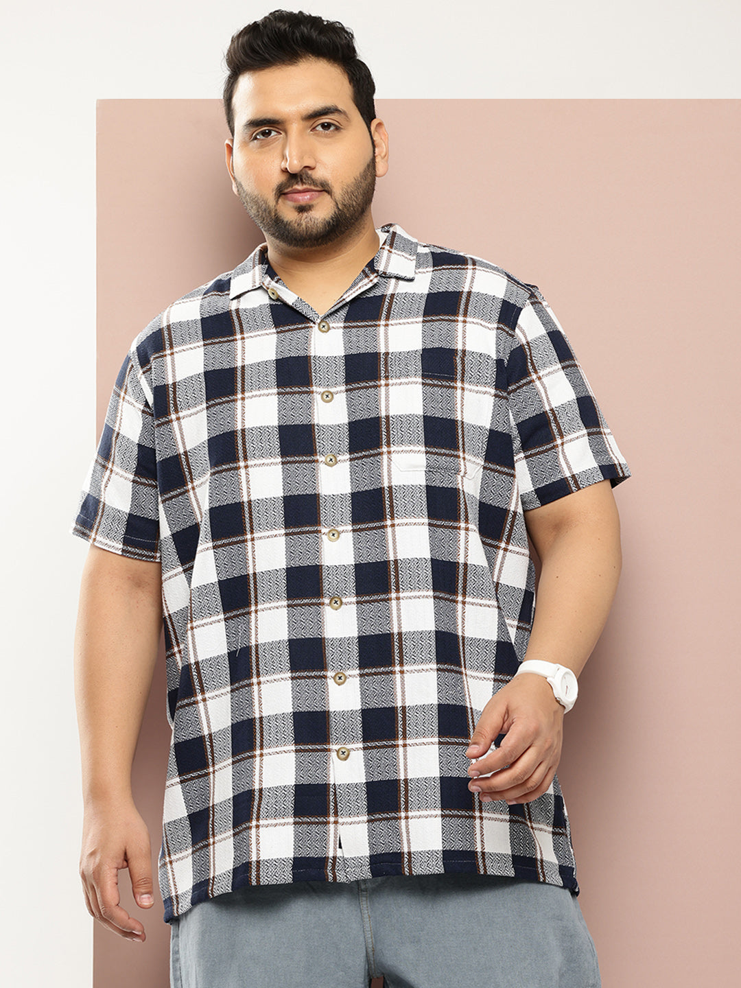 Thomas Scott Men Navy Thomas Scott Plus Size Premium Checked Pure Cotton Casual Shirt