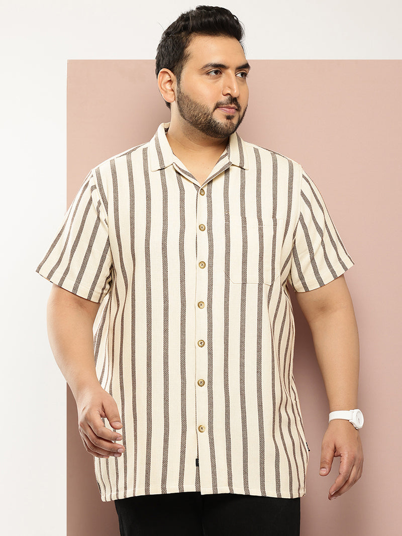Thomas Scott Men Coffee Plus Size Premium Striped Pure Cotton Casual Shirt
