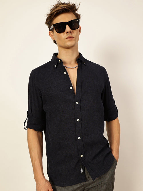 Thomas Scott Men Navy Slim Fit Long Sleeves Button-Down Collar Polyester Casual Shirt