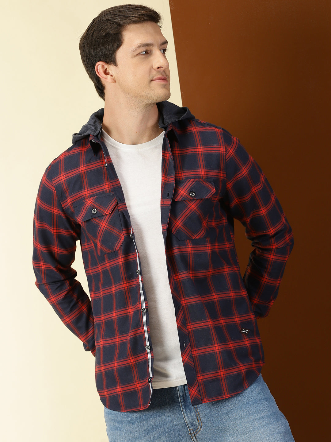 Thomas Scott Men Classic Hood Collar Tartan Checks Opaque Checked Casual Shirt