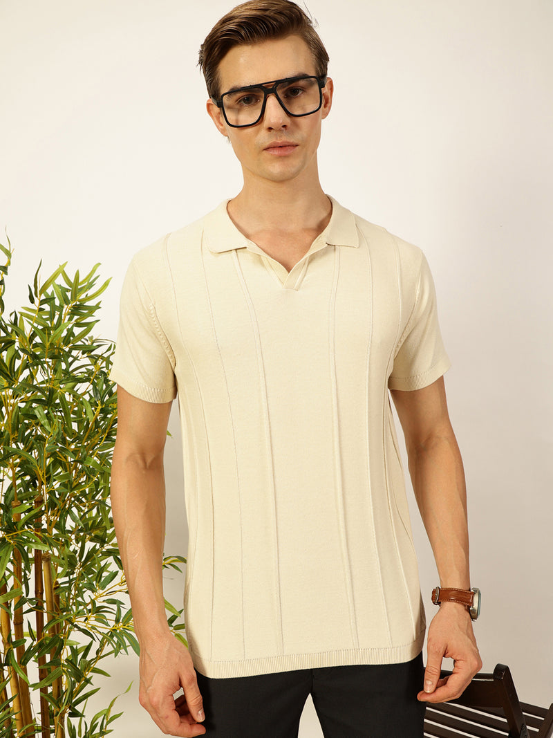 Thomas Scott Men Off White Knit Striped Polo Collar T-shirt