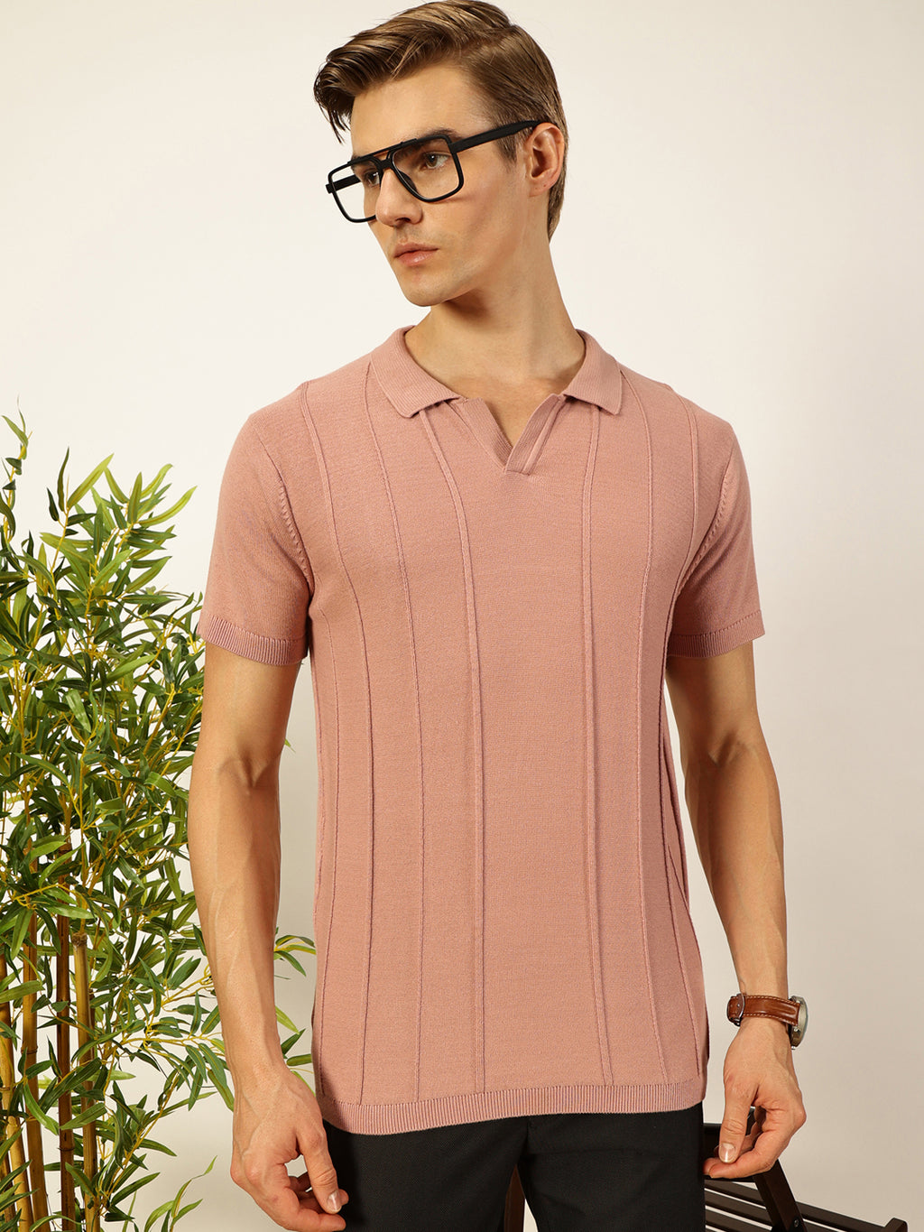 Thomas Scott Men Pink Knit Striped Polo Collar T-shirt