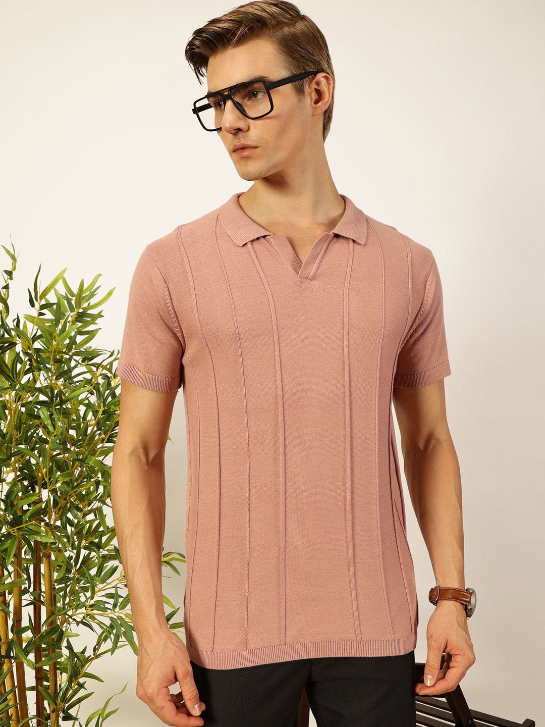 Thomas Scott Men Pink Knit Striped Polo Collar T-shirt