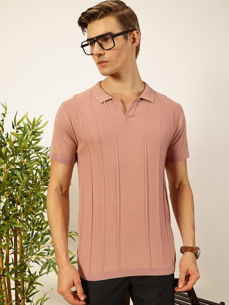 Thomas Scott Men Pink Knit Striped Polo Collar T-shirt