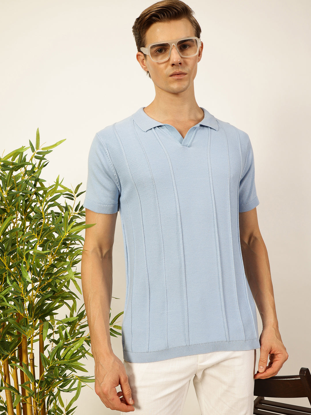 Thomas Scott Men Sky Blue Knit Striped Polo Collar T-shirt