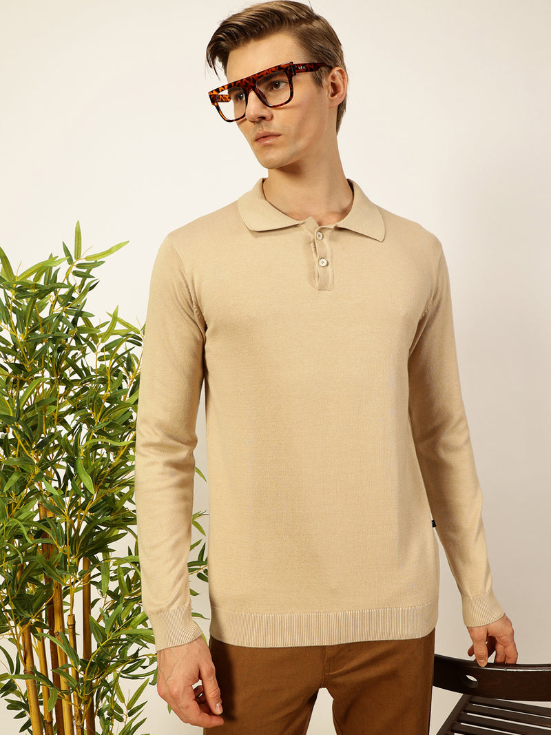 Thomas Scott Men Beige Knit Solid Polo Collar Cotton T-shirt