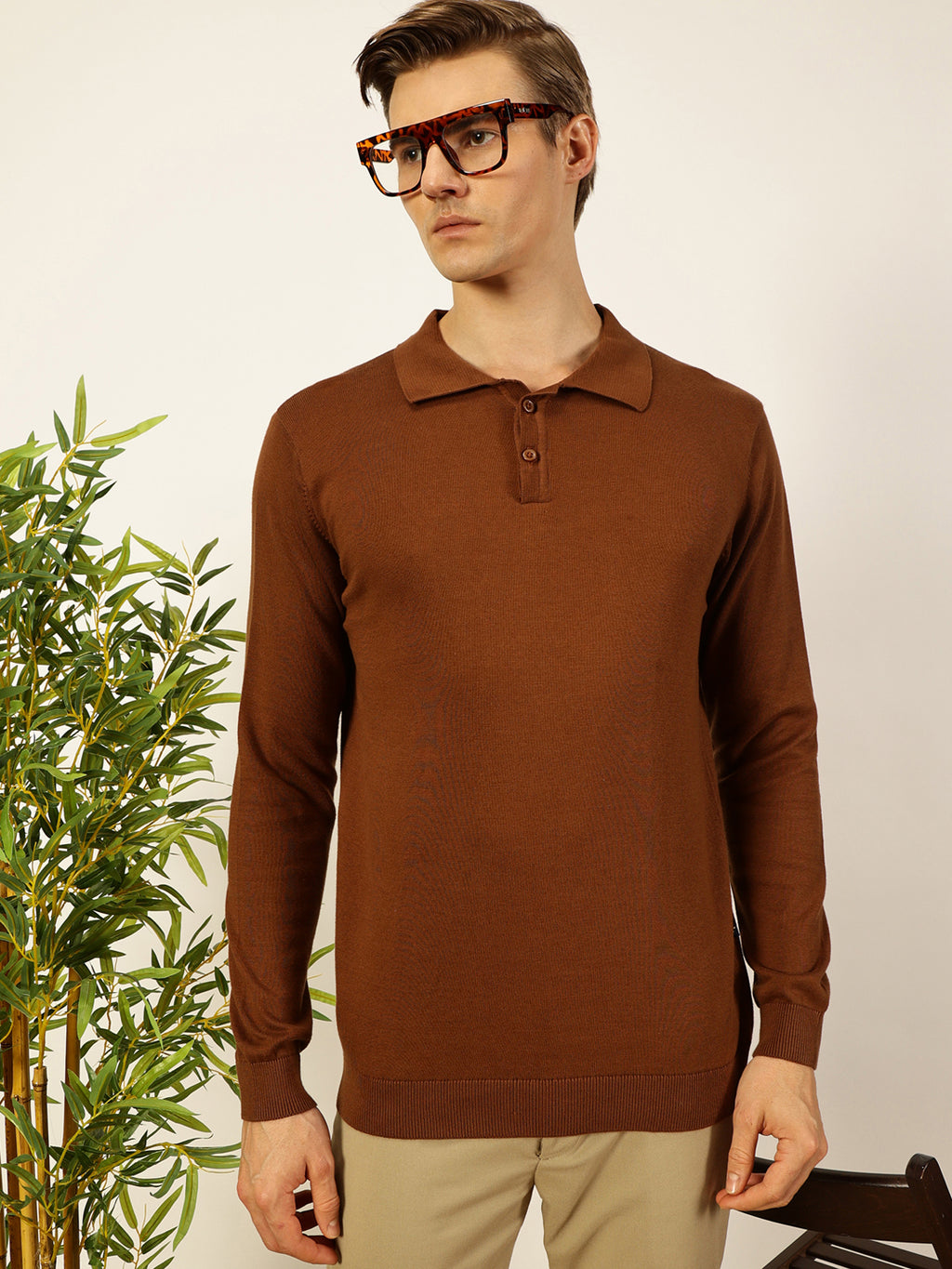 Thomas Scott Men Brown Knit Solid Polo Collar Cotton T-shirt