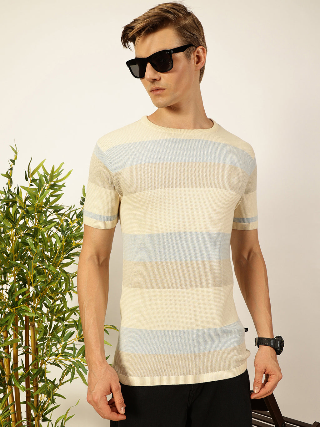 Thomas Scott Men Knit Striped Round Neck T-shirt