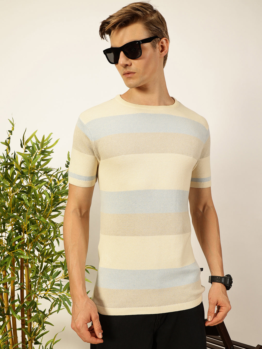 Thomas Scott Men Knit Striped Round Neck T-shirt