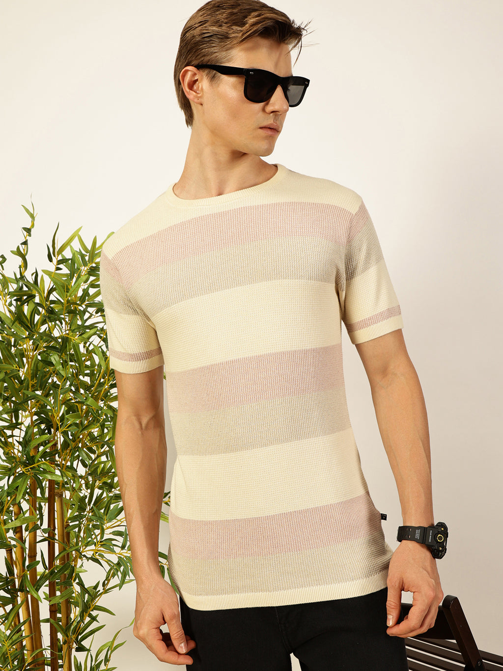 Thomas Scott Men Knit Striped Round Neck T-shirt