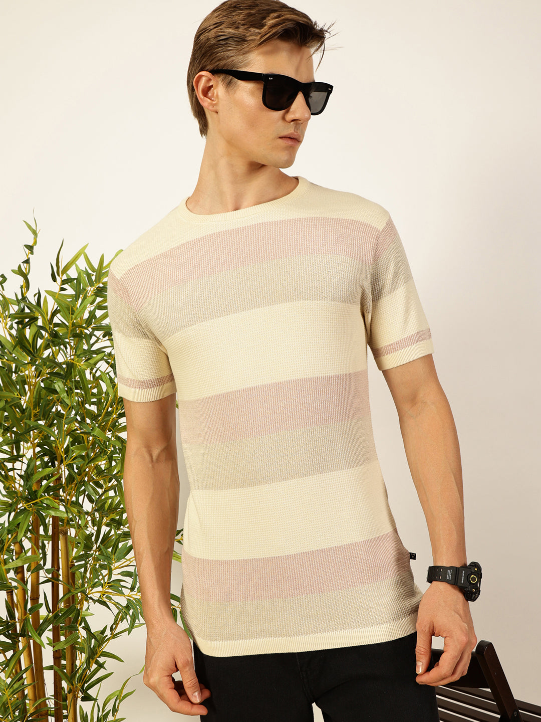Thomas Scott Men Knit Striped Round Neck T-shirt
