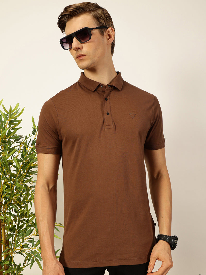 Thomas Scott Men Brown Solid Polo Collar Cotton T-shirt