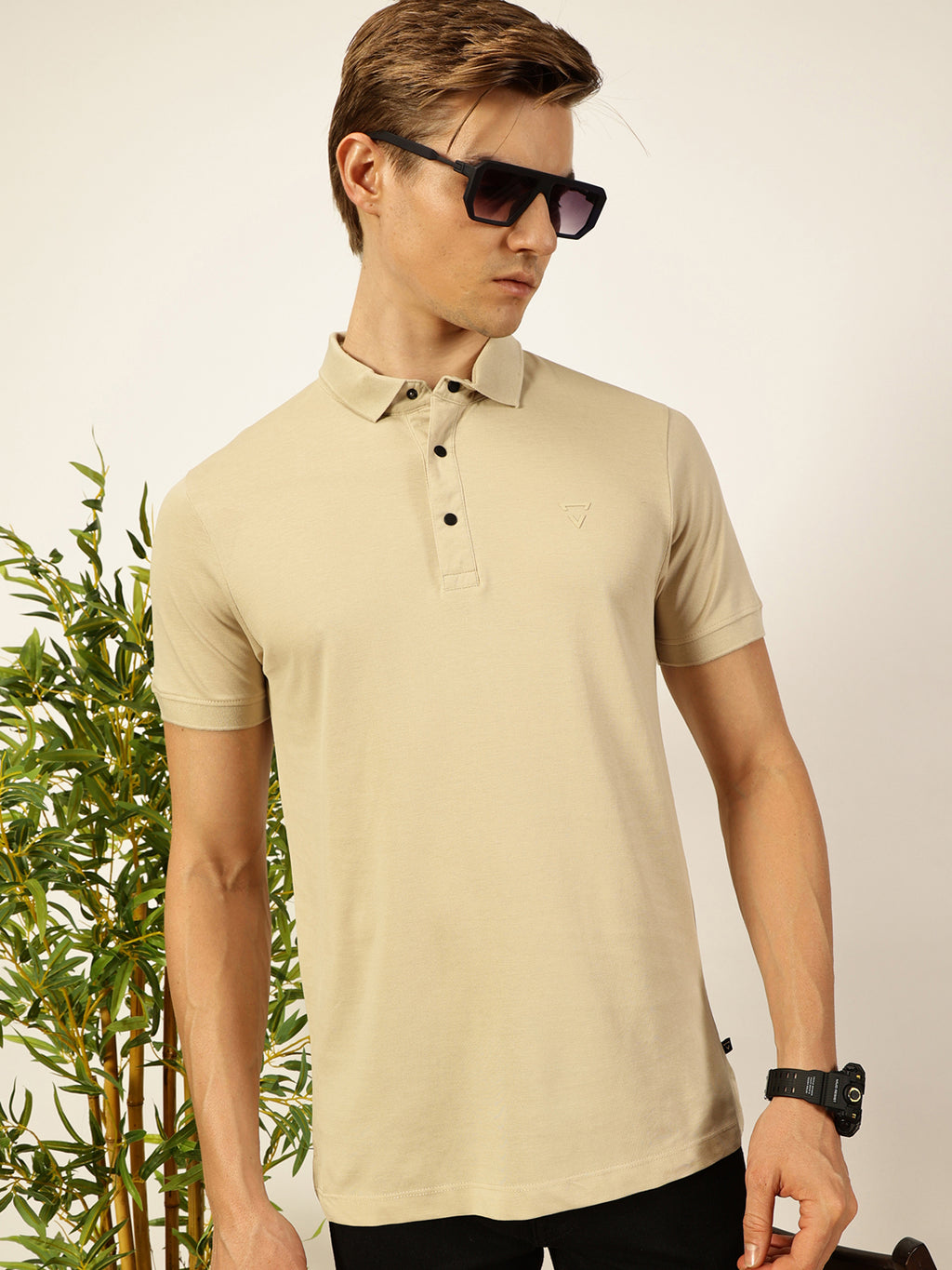Thomas Scott Men Cream Solid Polo Collar Cotton T-shirt