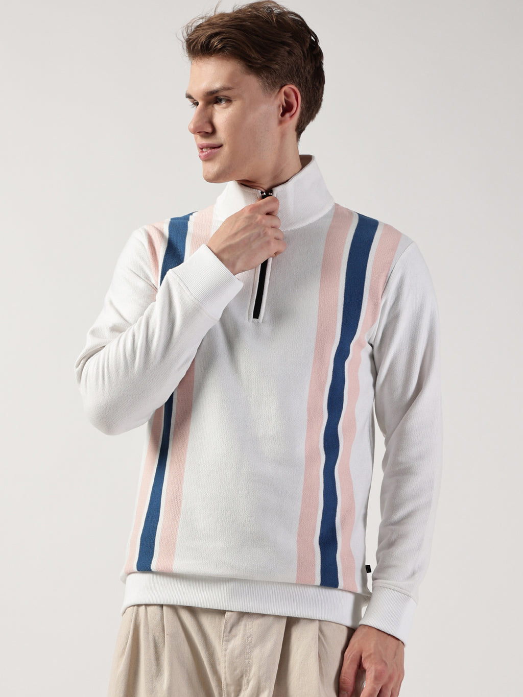 White Striped High Neck Tshirt For Men