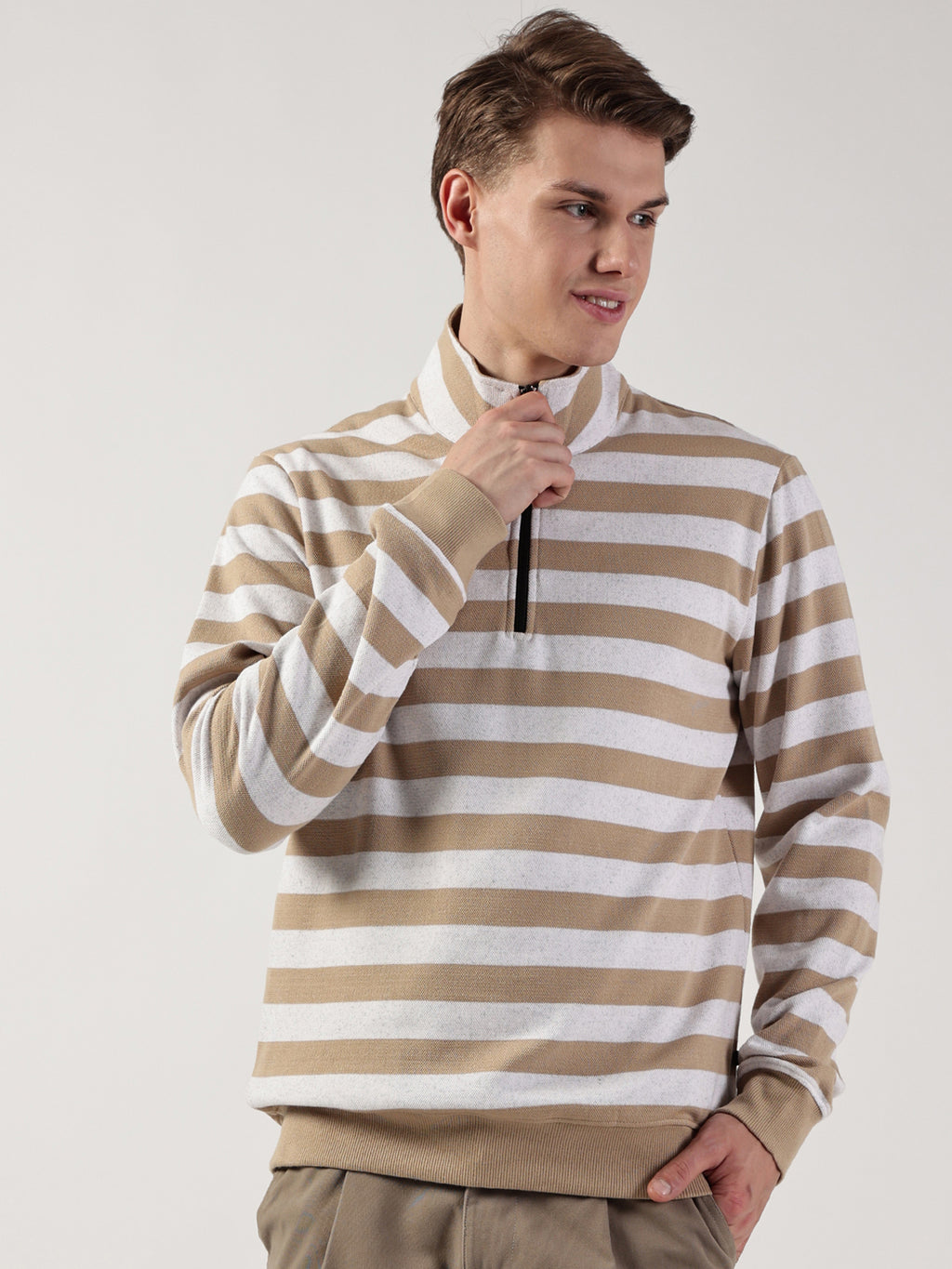 Beige Striped High Neck Tshirt For Men