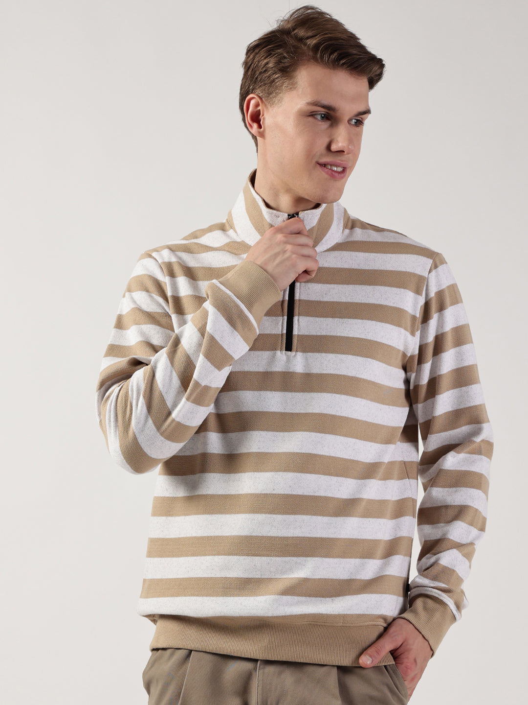 Beige Striped High Neck Tshirt For Men