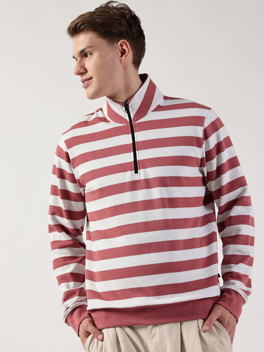 Pink Striped High Neck Tshirt For Men