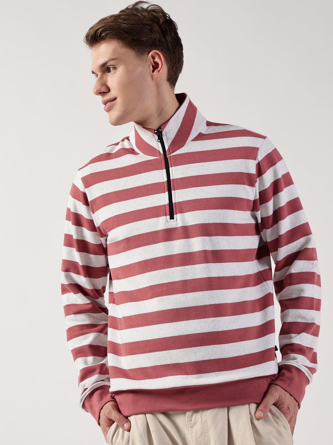 Pink Striped High Neck Tshirt For Men