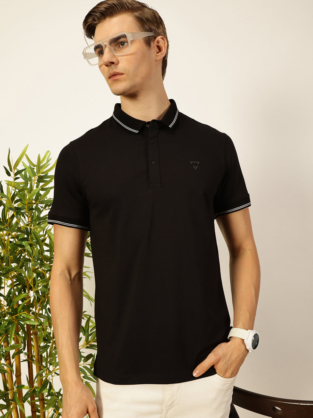 Thomas Scott Men Black Solid Polo Collar Cotton T-shirt